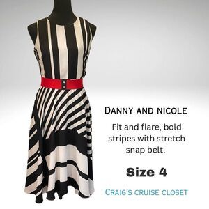 Danny & Nicole Black and White Asymmetrical Midi Dress w/ Red Snap Stretch Belt